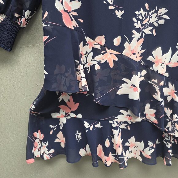 Eliza J Dress Womens 18W Navy Blue Floral Chiffon Long Sleeve Ruffle Hem Shift - Picture 4 of 16